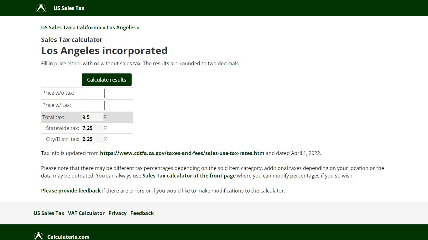 Los Angeles incorporated Sales Tax calculator, Los Angeles, California, US